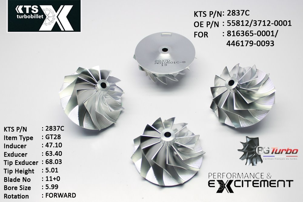 Turbo ROUE FORGÉE MFS PERFORMANCE - 11+0 PALES - INDUCER : 47,1 - EXDUCER : 63,4 - TYPE : GT28ANGLE : 50° - ROTATION : Forward - SUPER BACK : 2,32 - BORE SIZE : 5,99
